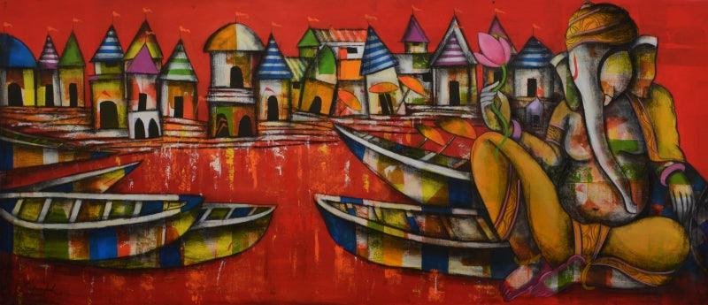 Religious mixed media titled 'Ganesha In Banaras 2022', 84x36 inches, by artist Anupam Pal on canvas