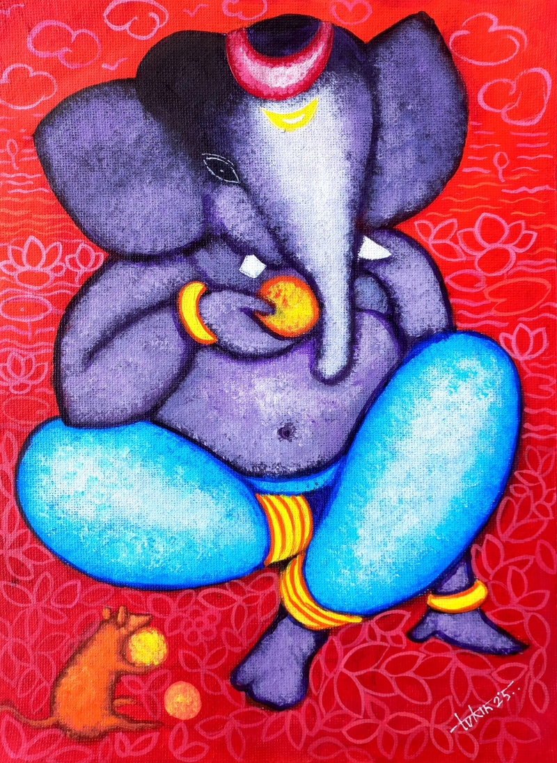 Ganesha With Laddu' religious acrylic painting by artist Tuhin Rakshit, 15x11 inch, on acid free paper