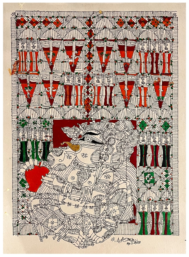 'Ganesha With Mango' religious acrylic painting by artist G Raman, 30x22 inch, on paper
