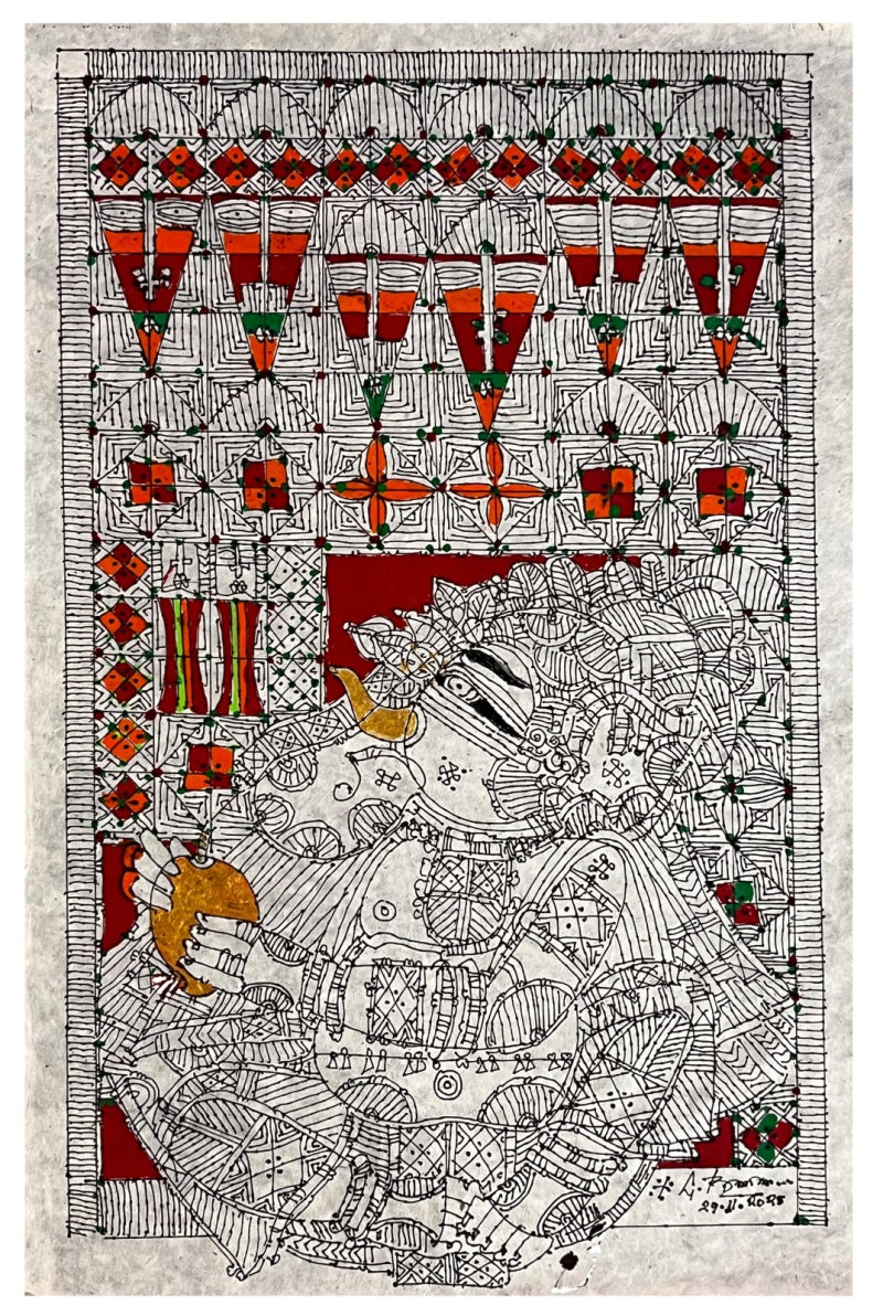 'Ganesha With Mango' religious acrylic painting by artist G Raman, 30x20 inch, on paper