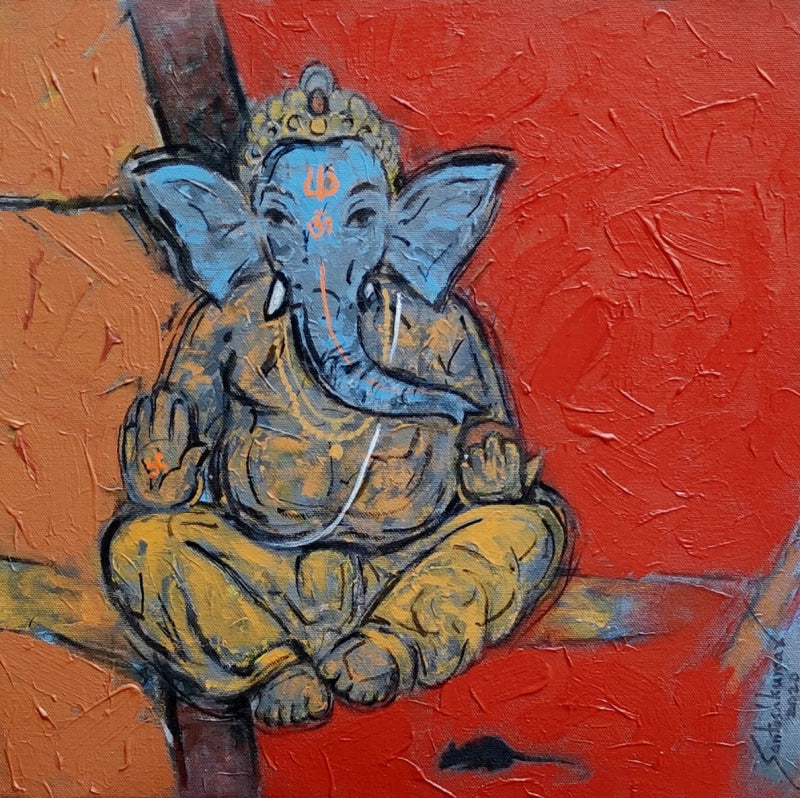 'Ganesha In Meditation' religious acrylic painting by artist Santoshkumar Patil, 15x15 inch, on canvas