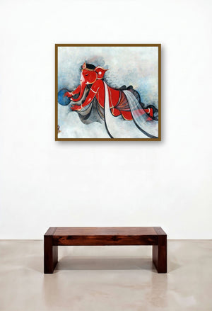 Ganesha On Cloud (Dance of Creation) by artist M Singh displayed in a Coastal Living Room