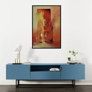 Preview of 'Ganesha Pitambara (Musical Ganesha)' Painting by Durshit Bhaskar shown on a wall in a furnished room.