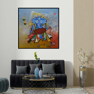 M Singh's 'Ganesha Playing Dholak (Divine Rhythm)' painting visualized above a sofa in a contemporary room.
