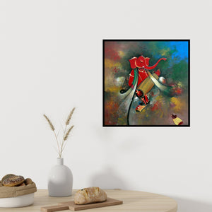 In-situ view of M Singh's 'Ganesha Playing Dholak (Rhythm of the Divine)' painting in a room