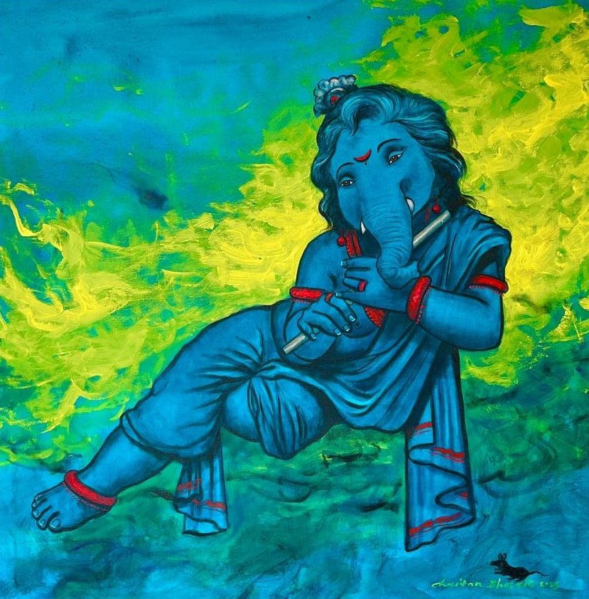 Ganesha Playing Flute' religious acrylic painting by artist Chaitan Bhosale, 36x36 inch, on canvas