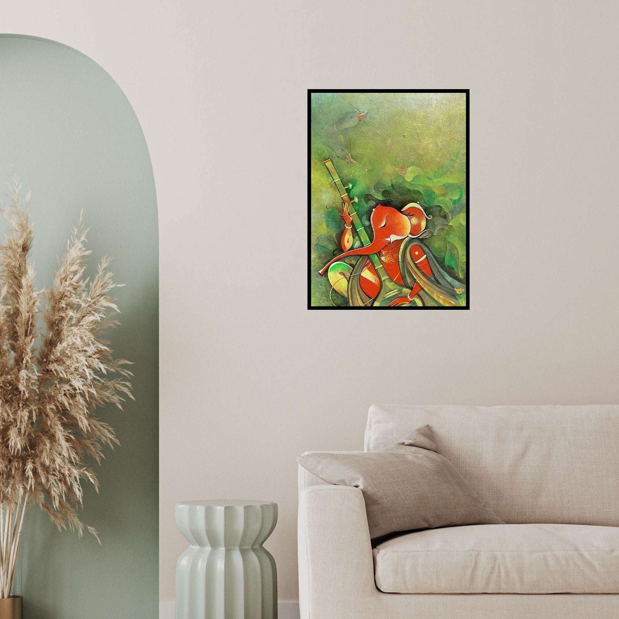 In-situ view of M Singh's 'Ganesha Playing Instrument I (Musical Meditation)' painting in a room