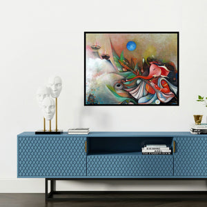 'Ganesha Playing Instrument Ii (Ganesha's Divine Melody)' painting by M Singh shown on a wall in a furnished room.