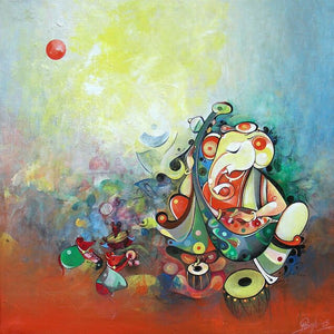 In-situ view of M Singh's 'Ganesha Playing Music (Offering of Music)' painting in a room