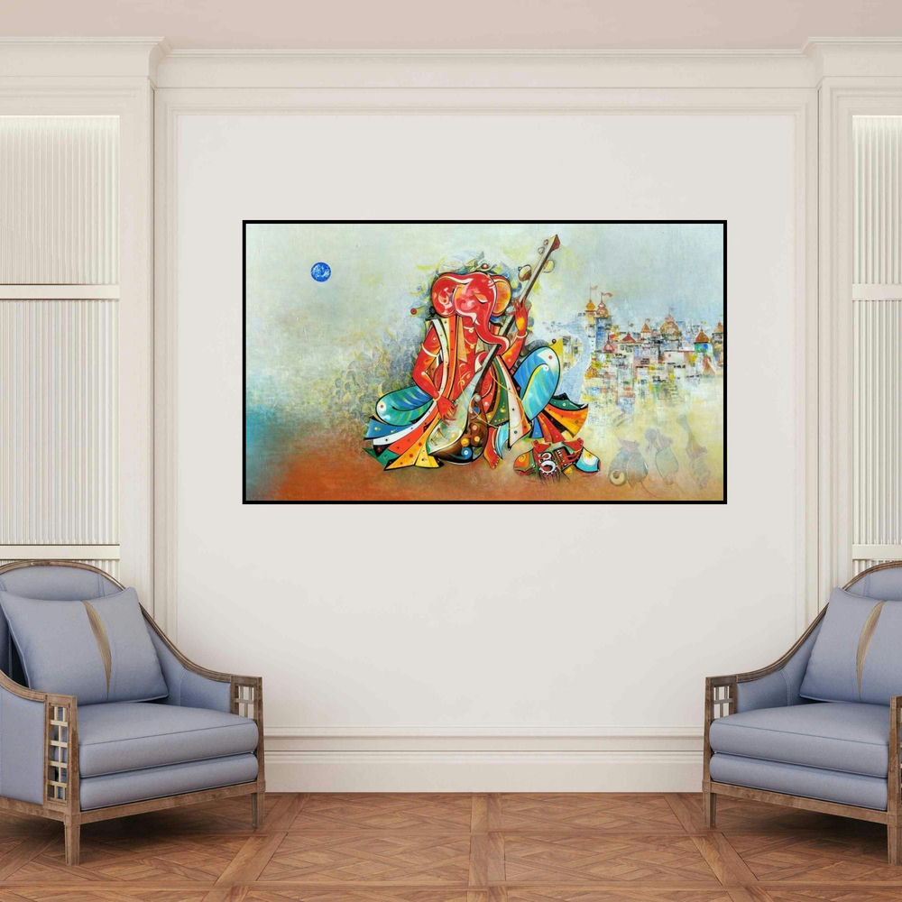 'Ganesha Playing Sitar (Musical Ganesha) (Melody)' painting by M Singh shown on a wall in a furnished room.