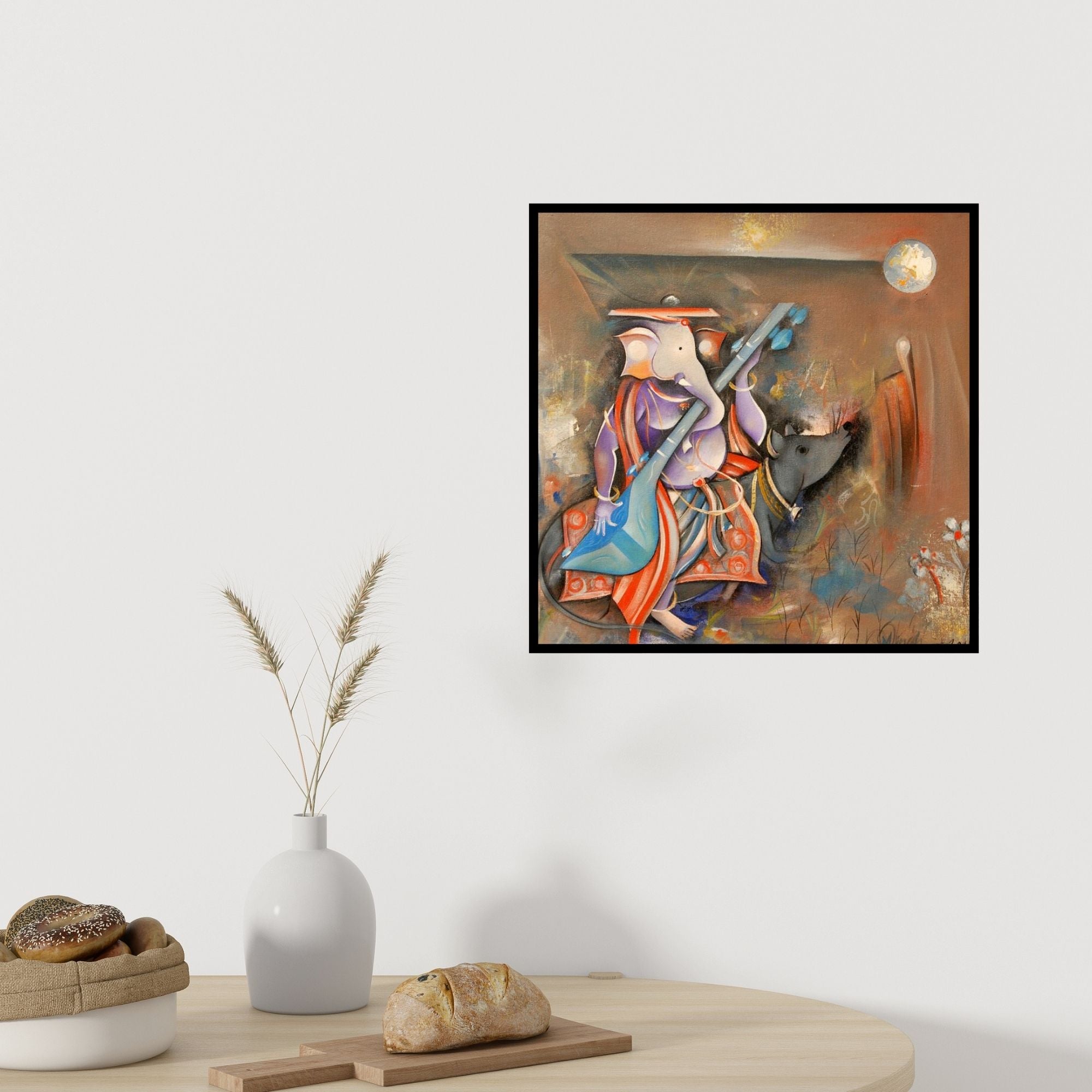 In-situ view of M Singh's 'Ganesha Playing Sitar (Celestial Journey)' painting in a room