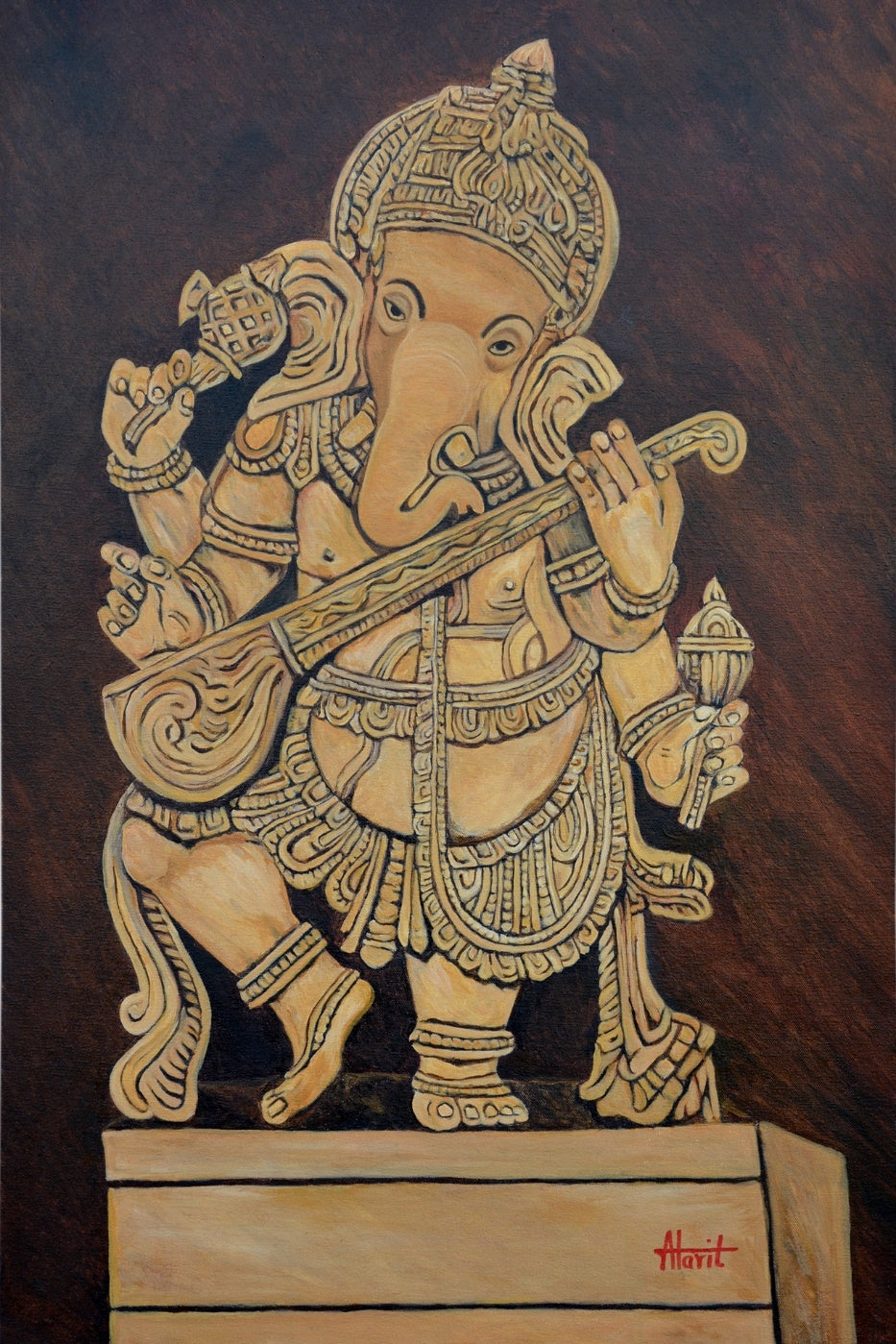 Ganesha Playing Veena' religious oil painting by artist Ajay Harit, 36x24 inch, on canvas