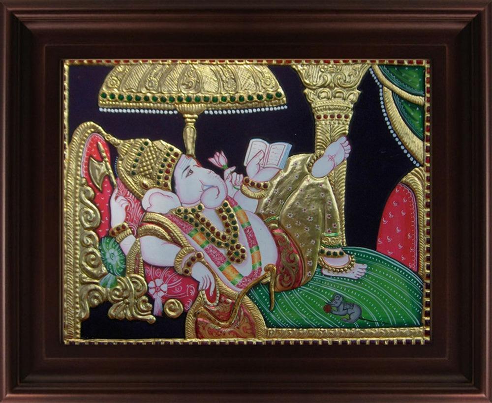 Religious tanjore traditional art titled 'Ganesha Reading Book Tanjore', 24x18 inches, by artist Myangadi Tanjore on Plywood