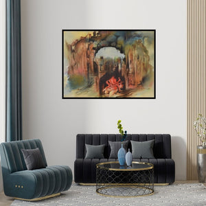 Preview of 'Ganesha Shashivarnam (Shiva in Ruins)' Painting by Durshit Bhaskar shown on a wall in a furnished room.