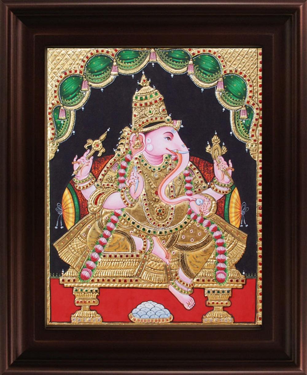Religious tanjore traditional art titled 'Ganesha Tanjore Painting 4', 24x18 inches, by artist Myangadi Tanjore on Plywood