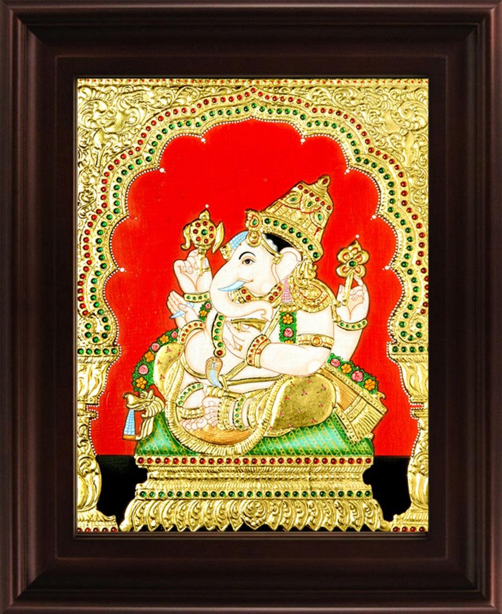 Religious tanjore traditional art titled 'Ganesha Tanjore Painting 5', 24x18 inches, by artist Myangadi Tanjore on Plywood