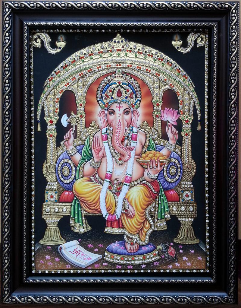 Religious tanjore traditional art titled 'GANESHA TANJORE PAINTING', 17x14 inches, by artist KUM KUM GALLERY on Plywood
