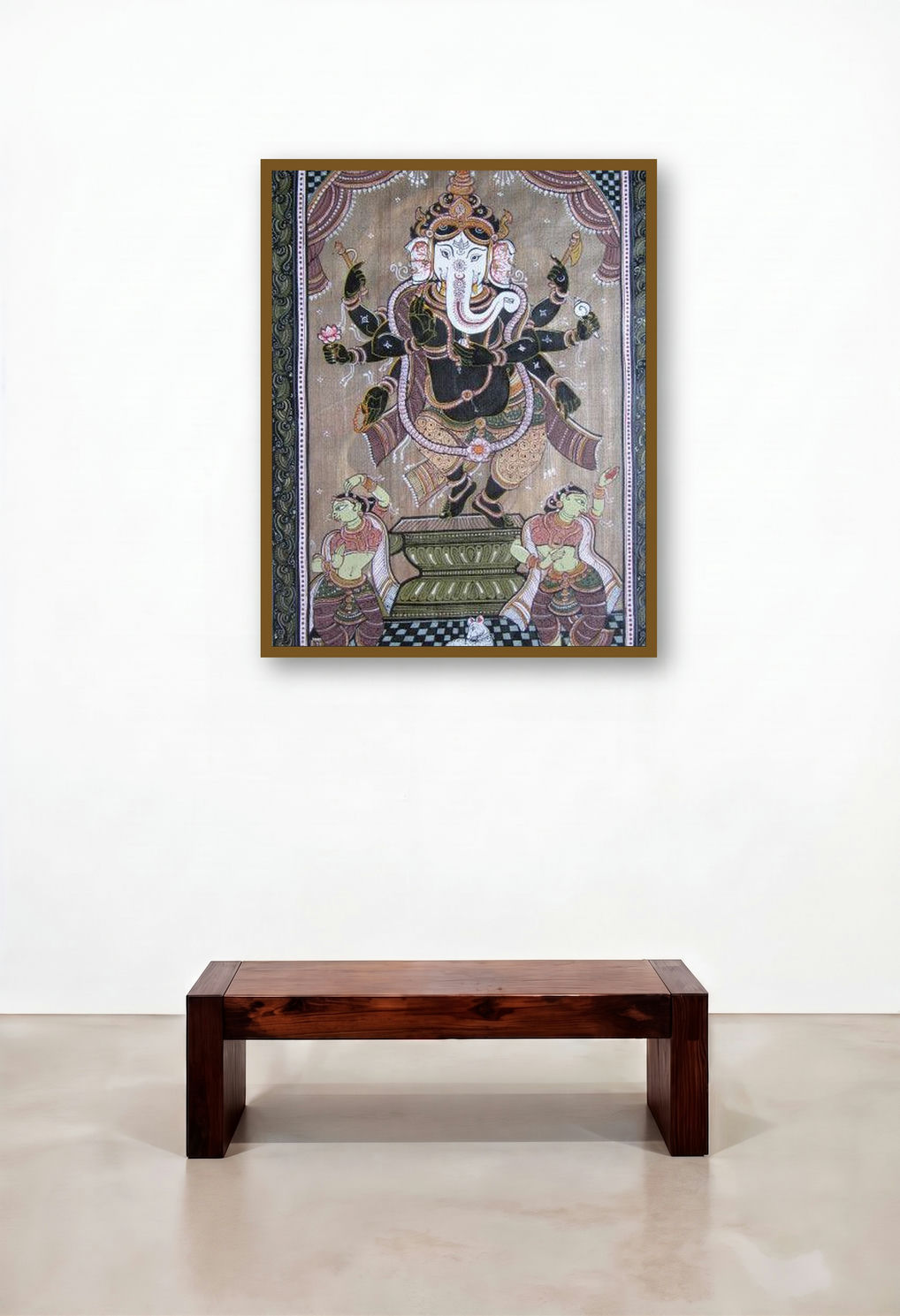 Ganesha Tasar Cloth Painting I (Cosmic Dance: Ganeshas Joyful Rhythm) by artist Pradeep Swain displayed in a Contemporary Living Room
