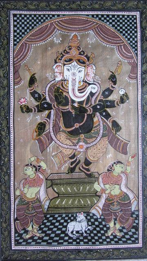 Ganesha Tasar Cloth Painting I (Cosmic Dance: Ganeshas Joyful Rhythm) by Pradeep Swain, Original Fabric Folk Art Painting on Cloth, Small Vertical Wall Art
