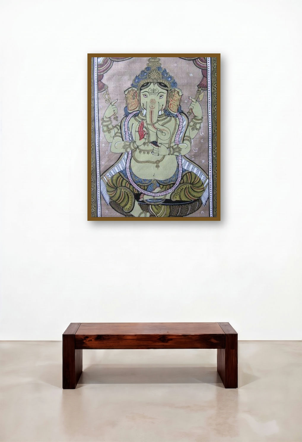 Ganesha Tasar Cloth Painting Ii (Divine Majesty: Ganesha in Tasar Splendor) by artist Pradeep Swain displayed in a Classic Study