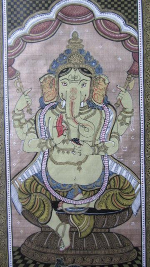 Ganesha Tasar Cloth Painting Ii (Divine Majesty: Ganesha in Tasar Splendor) by Pradeep Swain, Original Fabric Folk Art Painting on Cloth, Small Vertical Wall Art