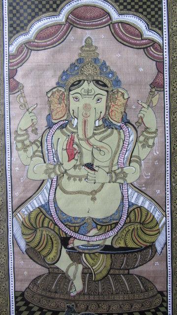 Folk Art fabric painting titled 'Ganesha Tasar Cloth Painting Ii', 20x12 inches, by artist Pradeep Swain on Cloth