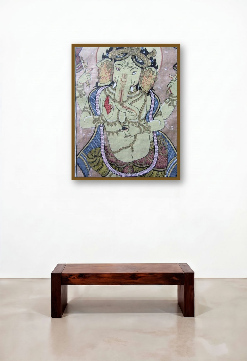 Ganesha Tasar Cloth Painting Iii (Lord Ganeshas Grace: A Tasar Masterpiece) by artist Pradeep Swain displayed in a Scandinavian Executive Office