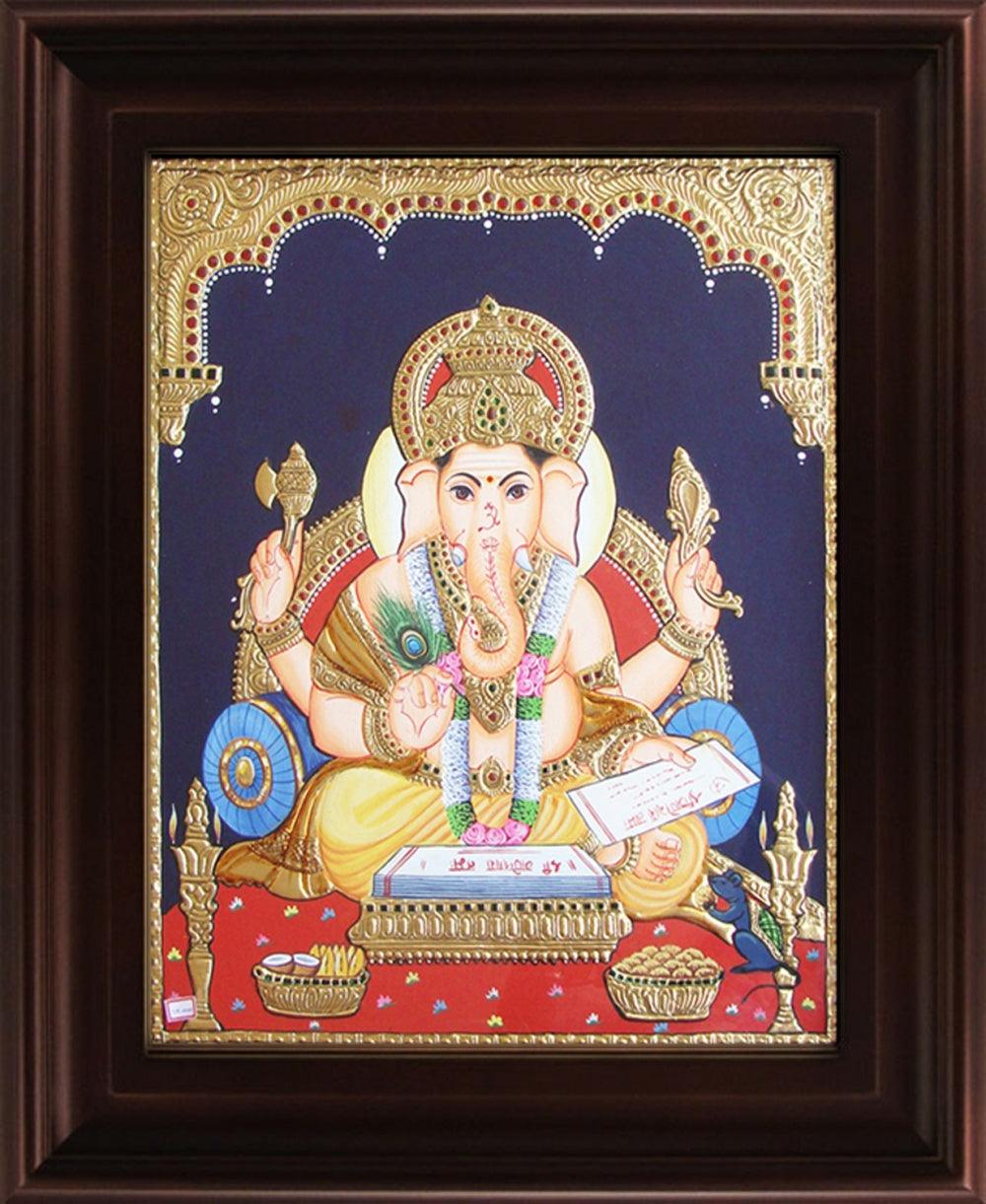 Religious tanjore traditional art titled 'Ganesha with Books Tanjore', 24x18 inches, by artist Myangadi Tanjore on Plywood