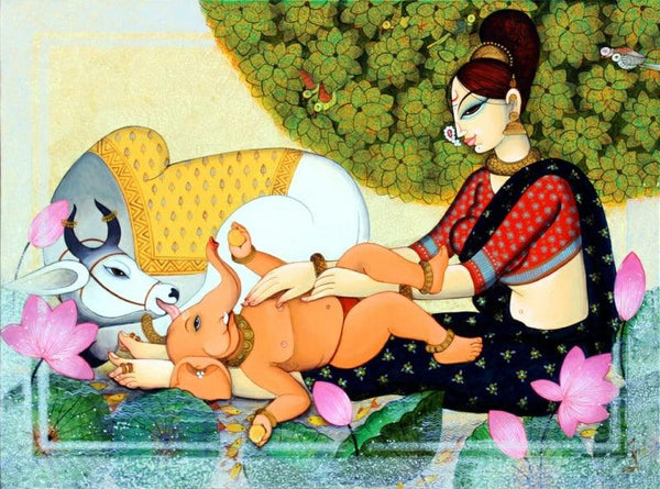 Ganesha With Mother Painting by Varsha Kharatamal | ArtZolo.com