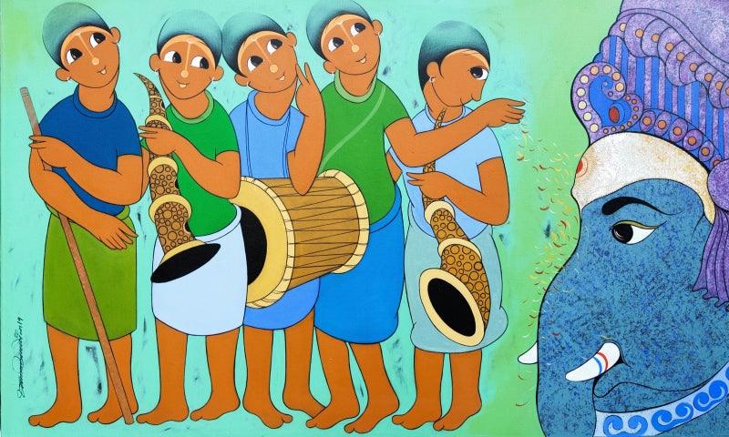 Figurative acrylic painting titled 'GANESHA WORSHIP', 36x60 inches, by artist Dnyaneshwar Bembade on Canvas