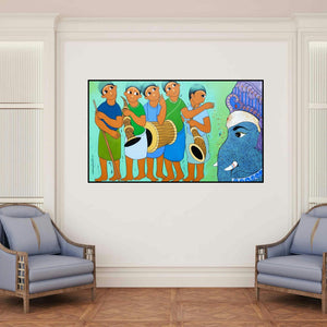 'Ganesha Worship (A Musical Tribute)' painting by Dnyaneshwar Bembade shown on a wall in a furnished room.