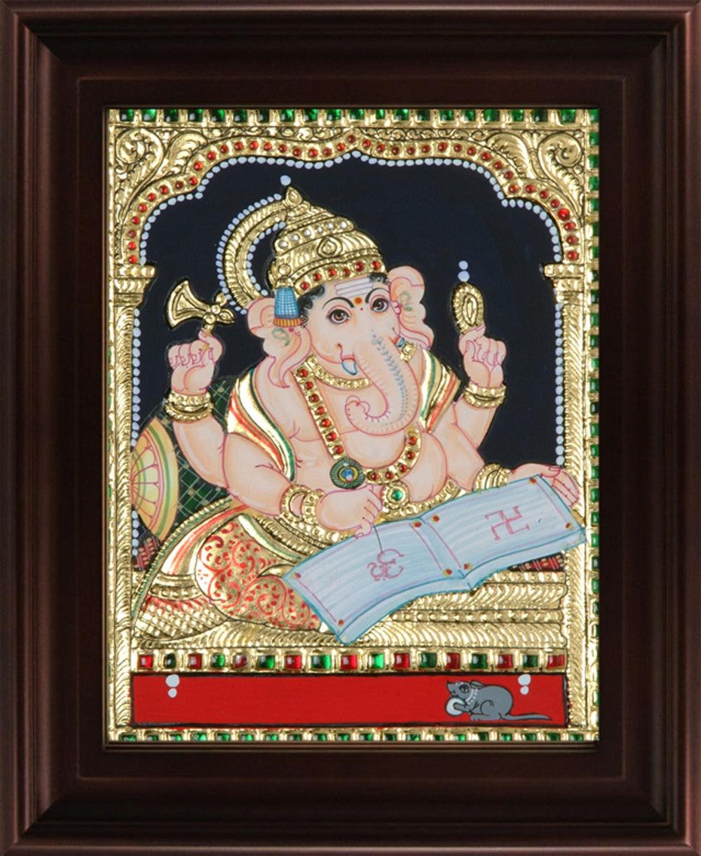 Religious tanjore traditional art titled 'Ganesha Writing Book Tanjore', 24x18 inches, by artist Myangadi Tanjore on Plywood