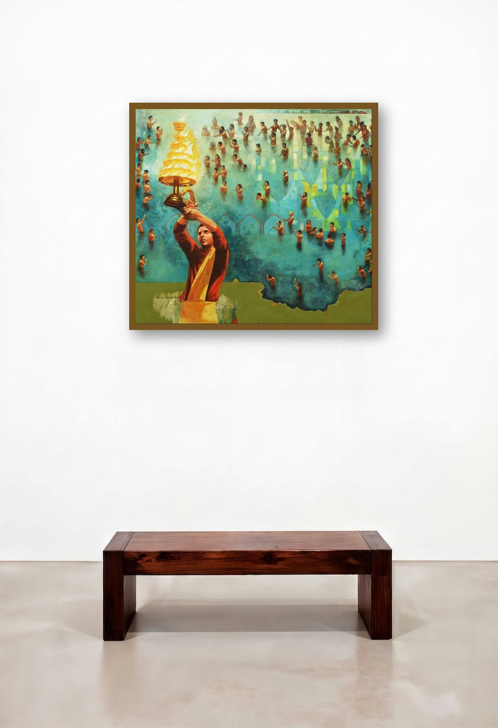 Ganga Aarati by artist Sanjib Gogoi displayed in a Urban Loft Living Room