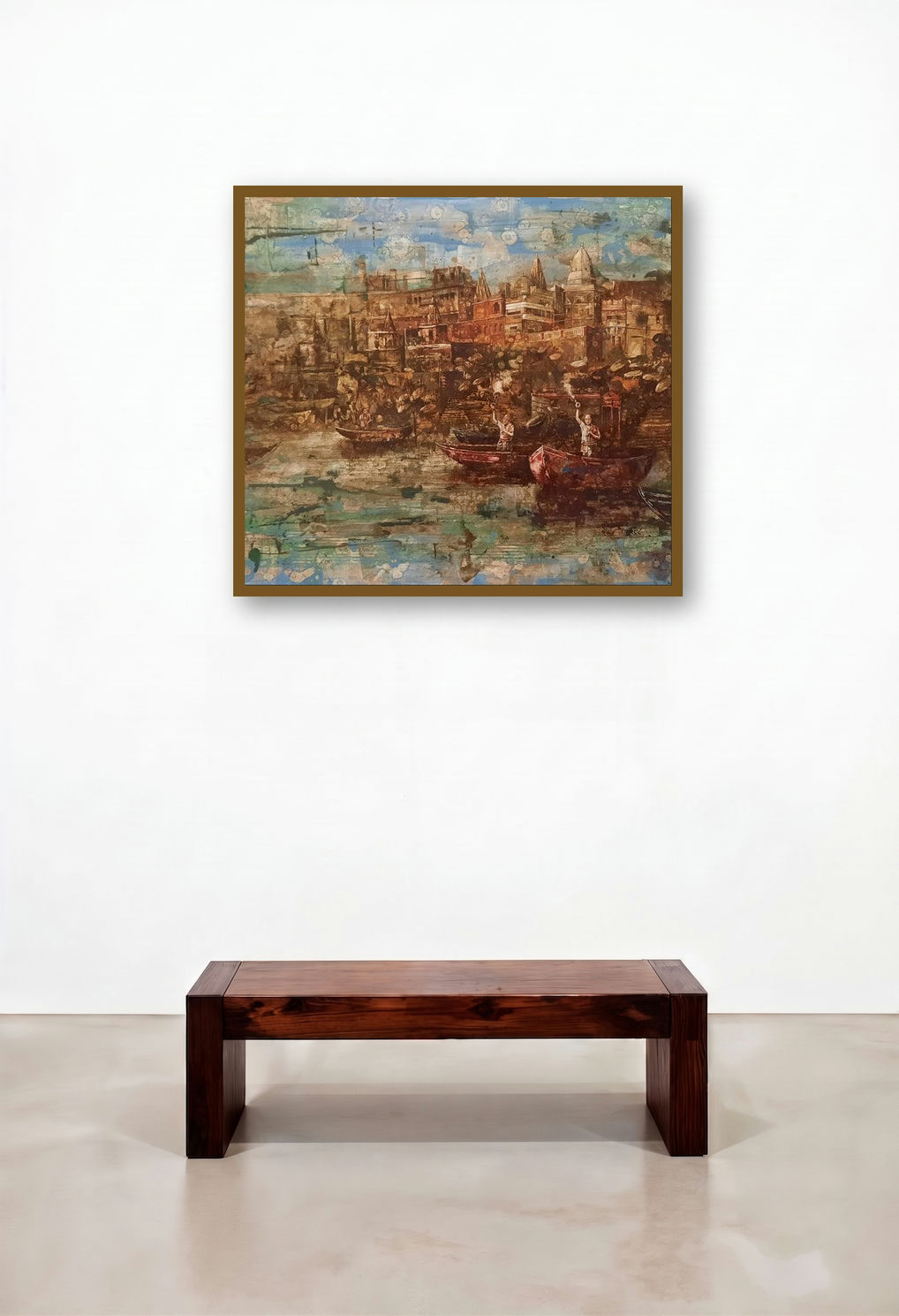 Ganga Aarti Series 2 (The Sacred Ritual) by artist Rajender Bharti displayed in a Mid-Century Modern Executive Office
