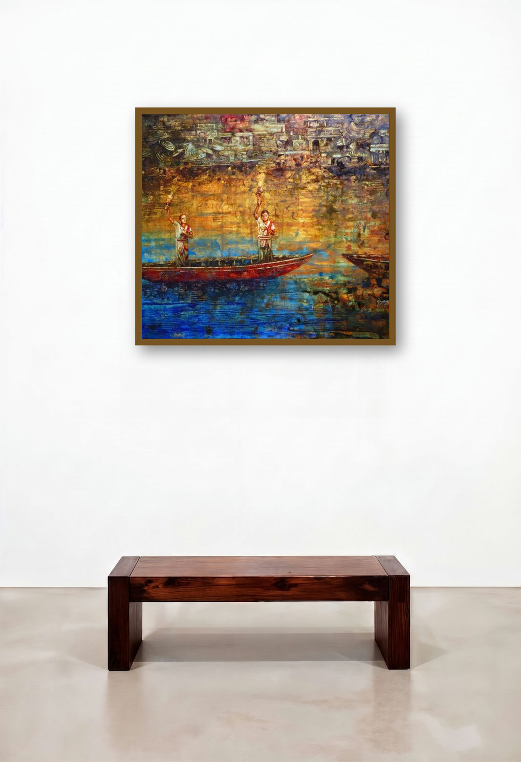 Ganga Aarti Series (The Sacred Ritual) by artist Rajender Bharti displayed in a Elegant Living Room