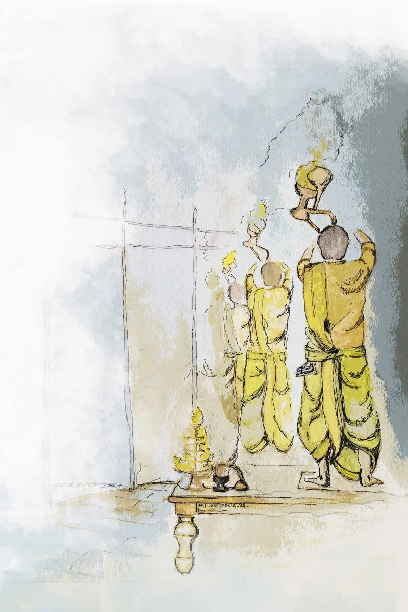 Religious watercolor painting titled 'Ganga Arati Banaras', 18x12 inch, by artist Shivani Pikle on Canvas