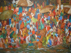 Ganga Bathing Ghats by Manjula Dubey, Original Acrylic Landscape Painting on Canvas, Medium Horizontal Wall Art