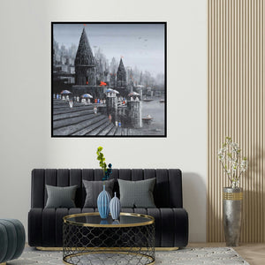 Reba Mandal's 'Ganga Ghat 1' painting visualized above a sofa in a contemporary room.