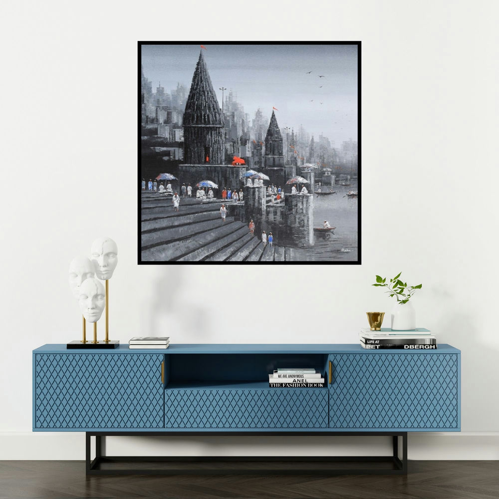 'Ganga Ghat 1' painting by Reba Mandal shown on a wall in a furnished room.