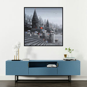 'Ganga Ghat 1' painting by Reba Mandal shown on a wall in a furnished room.