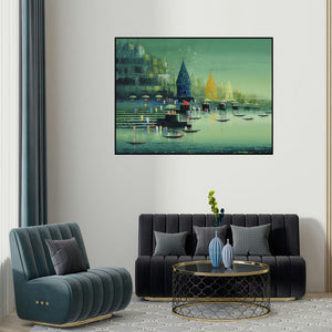 Reba Mandal's 'Ganga Ghat 10' painting visualized above a sofa in a contemporary room.