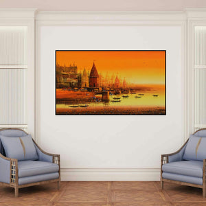'Ganga Ghat 11' painting by Reba Mandal shown on a wall in a furnished room.