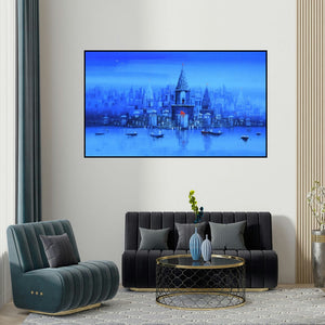 Reba Mandal's 'Ganga Ghat 12' painting visualized above a sofa in a contemporary room.