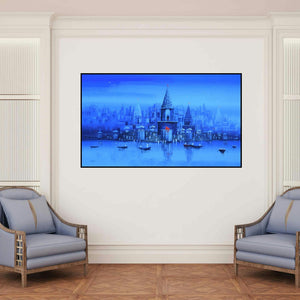 'Ganga Ghat 12' painting by Reba Mandal shown on a wall in a furnished room.