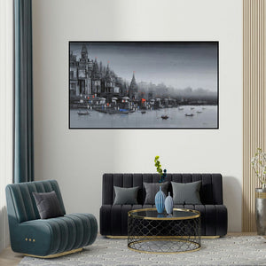 Reba Mandal's 'Ganga Ghat 13' painting visualized above a sofa in a contemporary room.