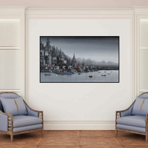 'Ganga Ghat 13' painting by Reba Mandal shown on a wall in a furnished room.