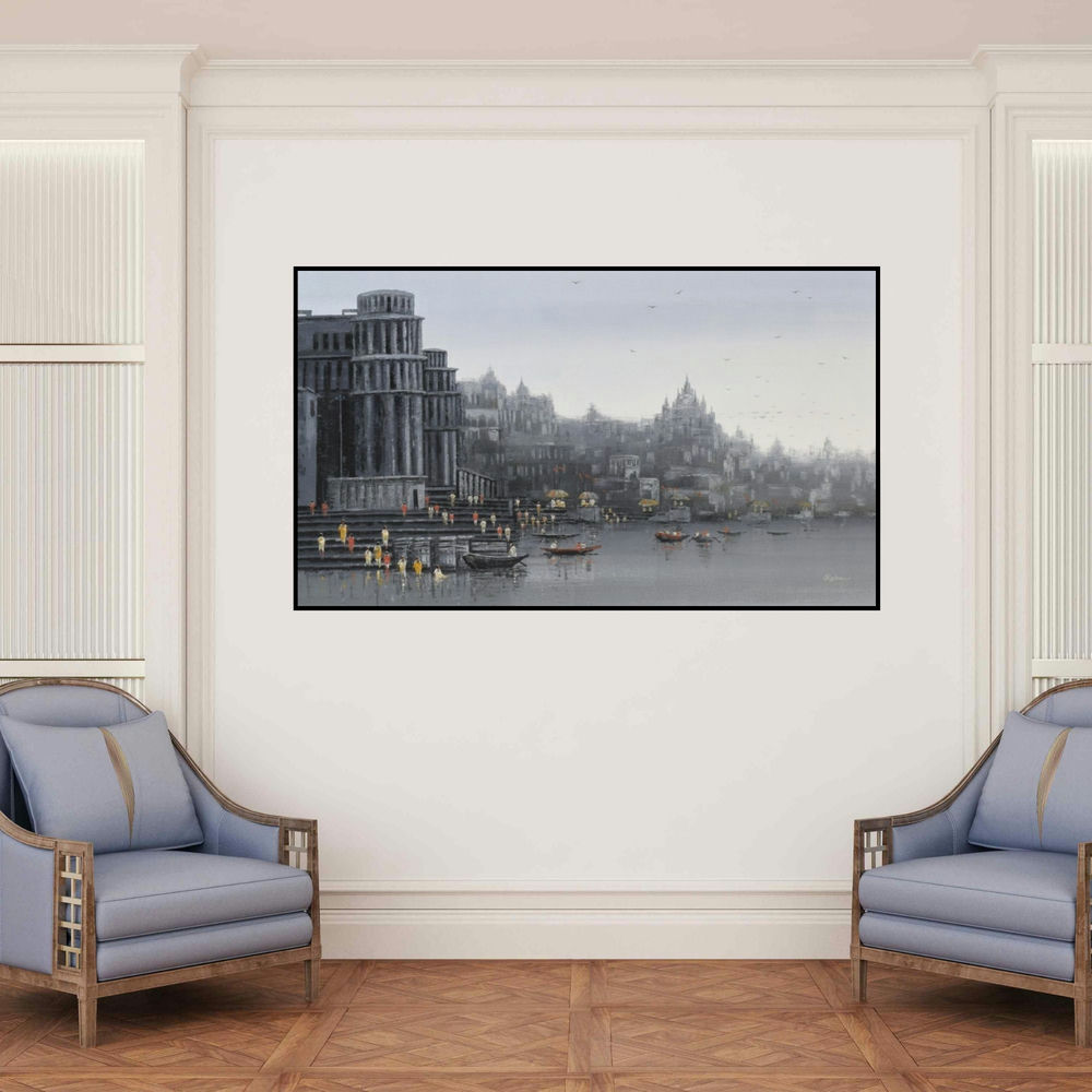 'Ganga Ghat 14' painting by Reba Mandal shown on a wall in a furnished room.