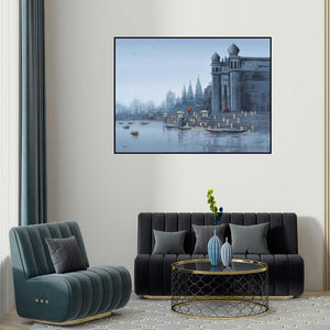 Reba Mandal's 'Ganga Ghat 7' painting visualized above a sofa in a contemporary room.