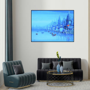 Reba Mandal's 'Ganga Ghat 8' painting visualized above a sofa in a contemporary room.