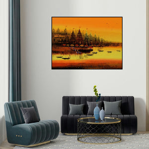 Reba Mandal's 'Ganga Ghat 9' painting visualized above a sofa in a contemporary room.